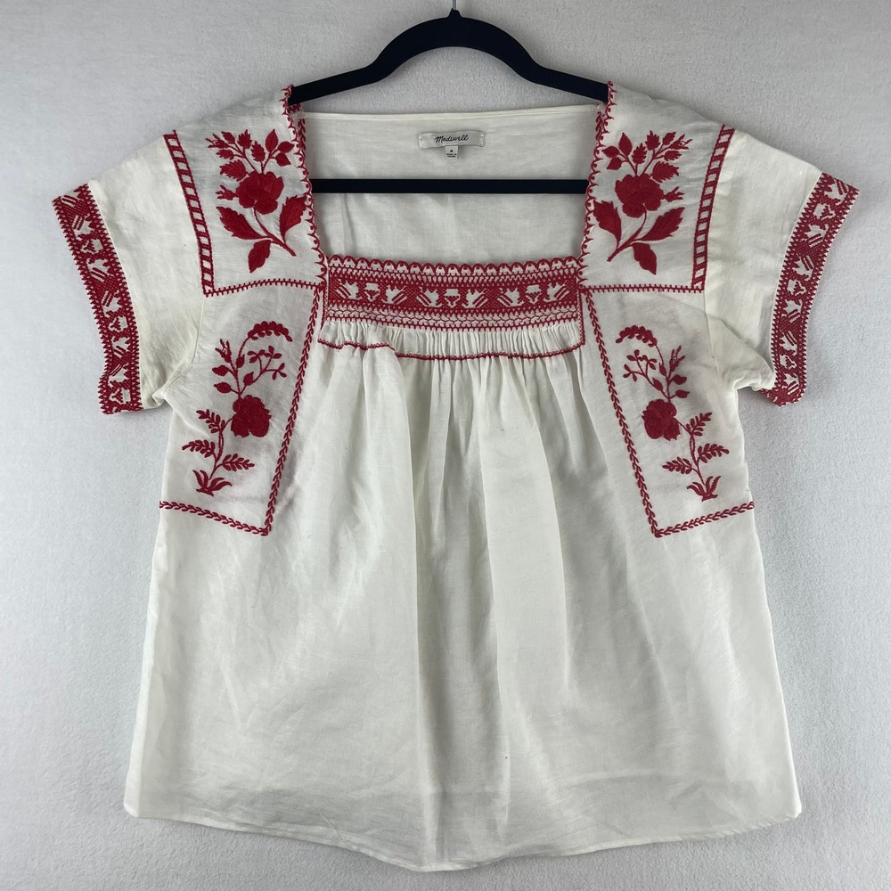 Madewell Wildfield White Linen/Cotton Peasant Blouse Red Embroidery SZ M